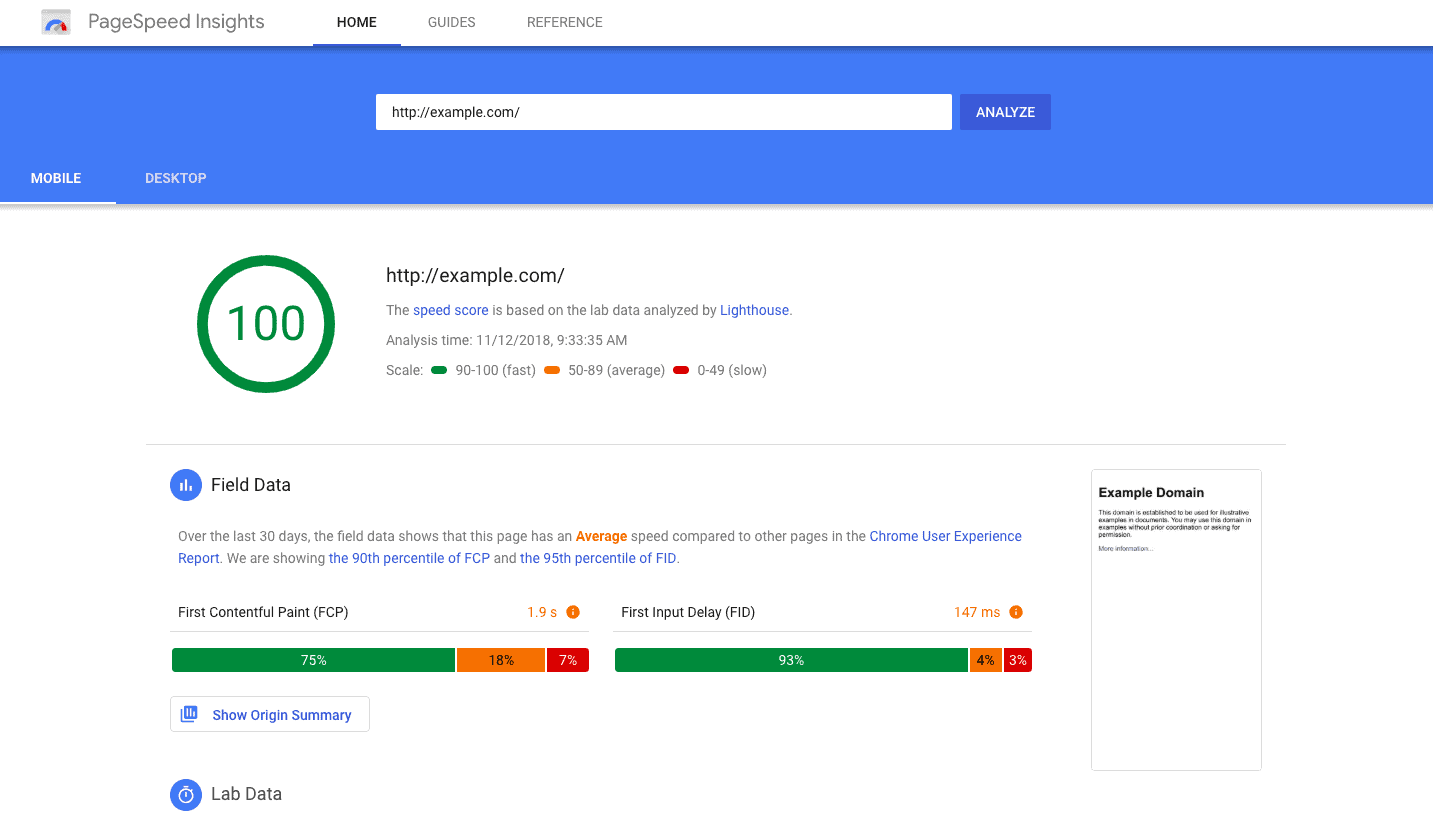 example of google page speed insights